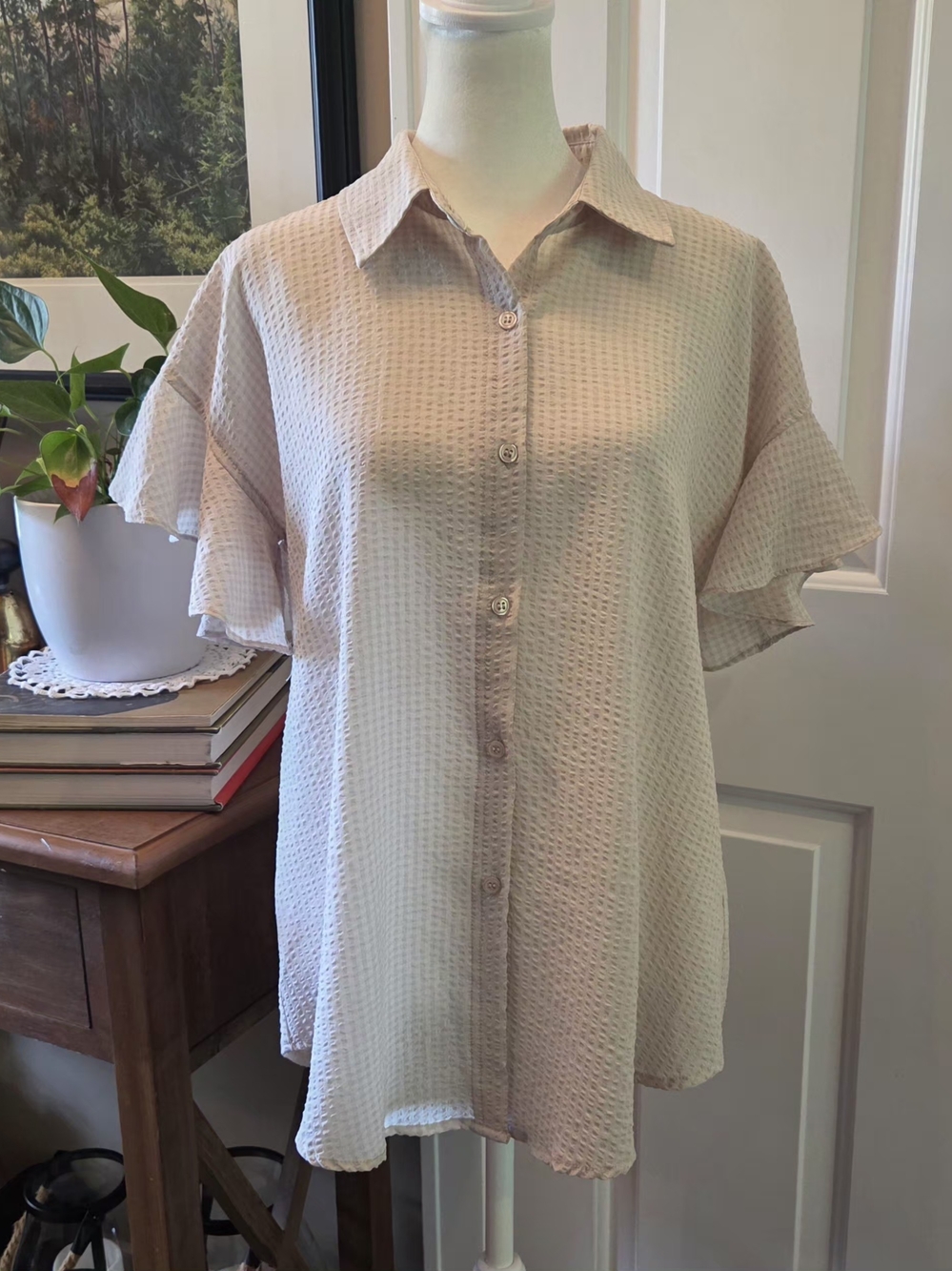 Max Studio Blouse Ruffle Sleeve Button-up Textured Gingham Neutral Womens M